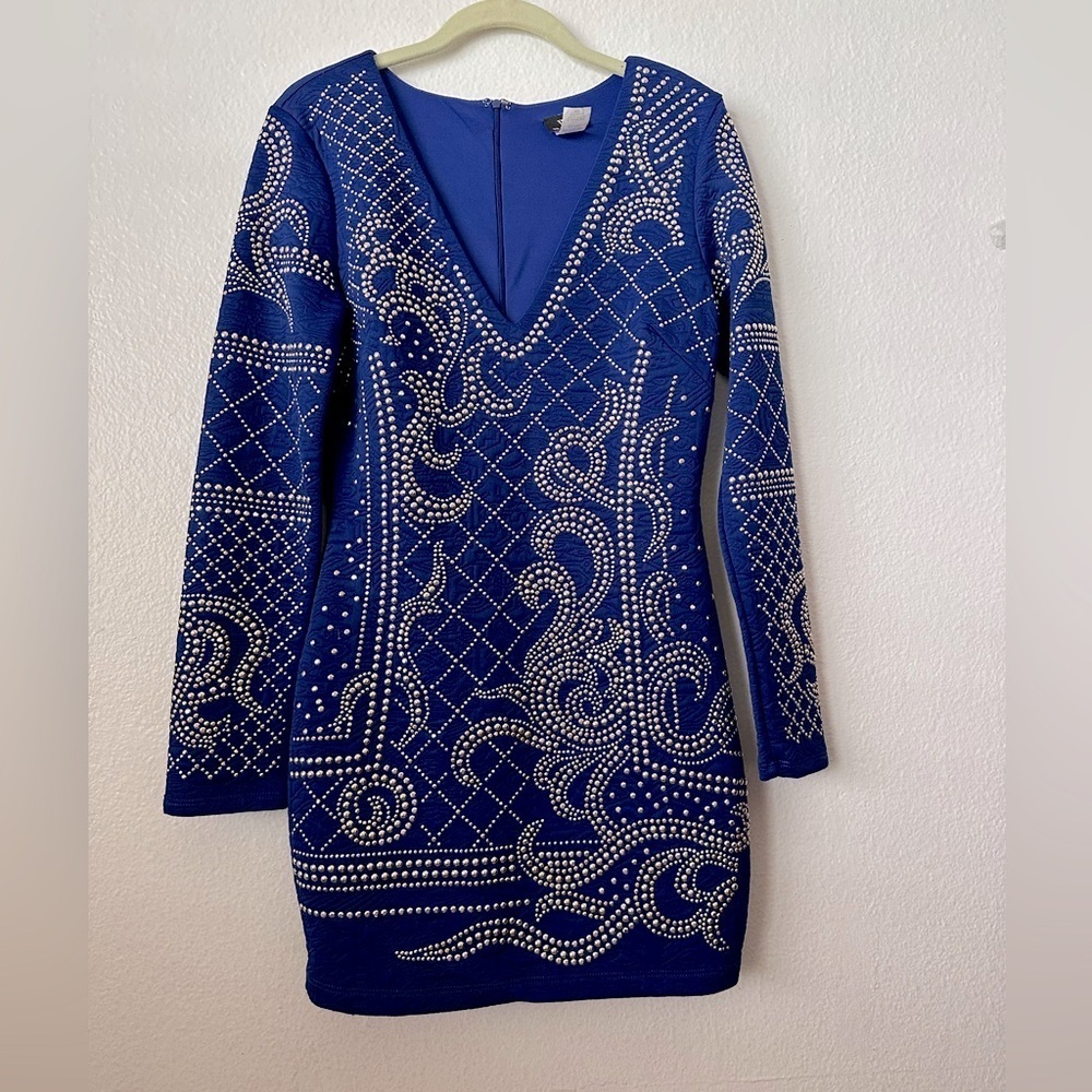 Va Va Voom Royal Blue Beaded Long Sleeve Body Con Medium Mini Dress Brand New